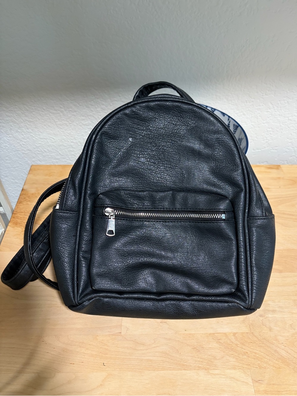 H&M Black Faux Leather Mini Backpack with Front Zip Pocket